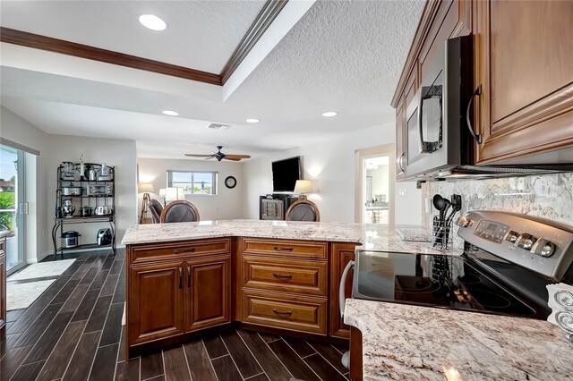 9619 Towanda Ln, Port Richey, FL 34668 - kitchen with appliances with stainless steel finishes, recessed lighting, ornamental molding, a peninsula, and light stone counters