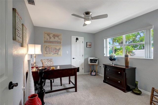 9619 Towanda Ln, Port Richey, FL 34668 - office area featuring ceiling fan and light carpet