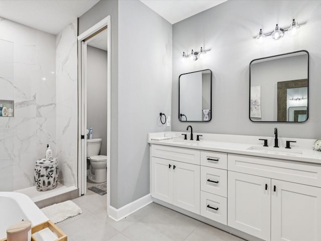 1340 Bayshore Blvd Unit 502, Dunedin, FL 34698 - bathroom with double vanity, tile patterned floors, a marble finish shower, and a bathtub