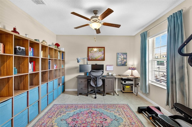 12835 Wildflower Meadow Dr, Riverview, FL 33579 - tiled office featuring a ceiling fan and baseboards