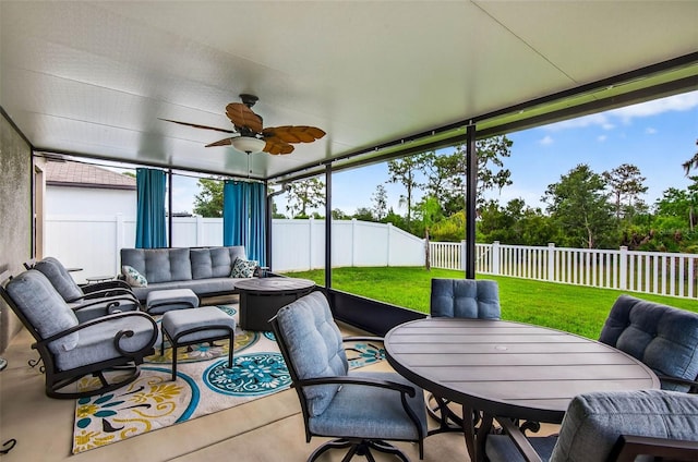 12835 Wildflower Meadow Dr, Riverview, FL 33579 - sunroom with ceiling fan, an outdoor hangout area, and outdoor dining space