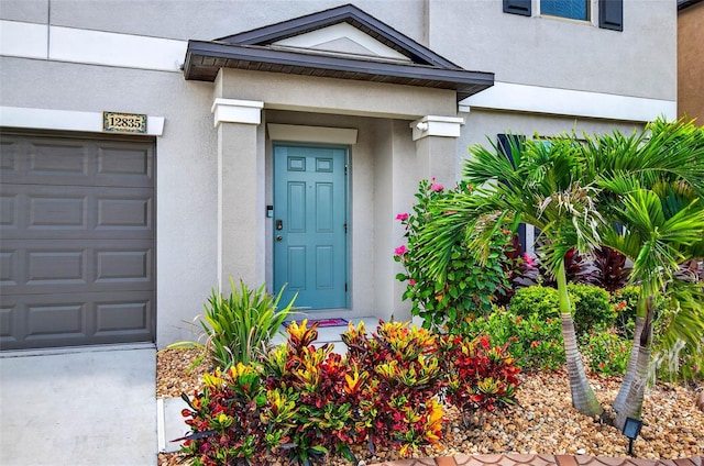 12835 Wildflower Meadow Dr, Riverview, FL 33579 - property entrance featuring stucco siding and an attached garage