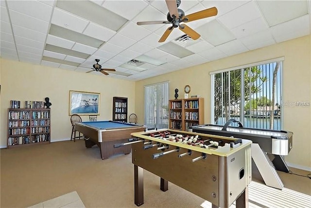 400 64th Ave Unit 1105, St Pete Beach, FL 33706 - game room with ceiling fan, a drop ceiling, healthy amount of natural light, billiards table, and carpet flooring