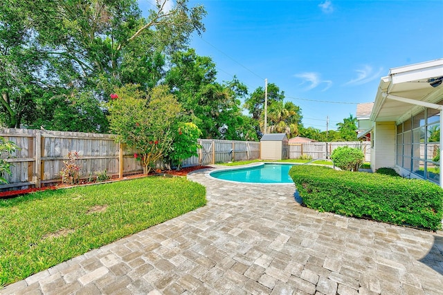 11082 90th Ter, Seminole, FL 33772 - view of swimming pool with a shed, a fenced backyard, and a patio