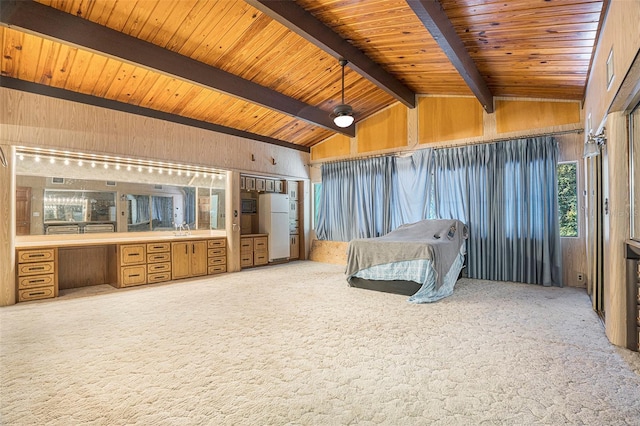 9938 Alavista Dr, Gibsonton, FL 33534 - bedroom with freestanding refrigerator, carpet flooring, wooden walls, and wood ceiling