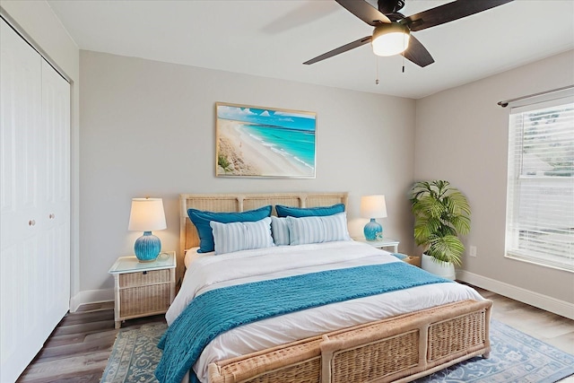 706 E Gate Dr, Safety Harbor, FL 34695 - bedroom with a closet, wood finished floors, and a ceiling fan