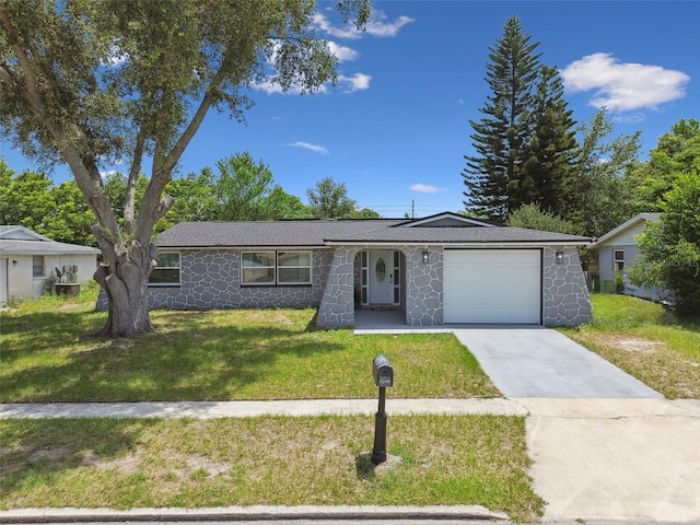 6200 13th Ave, New Port Richey, FL 34653 - ranch-style home featuring a garage, stone siding, driveway, a front lawn, and solar panels