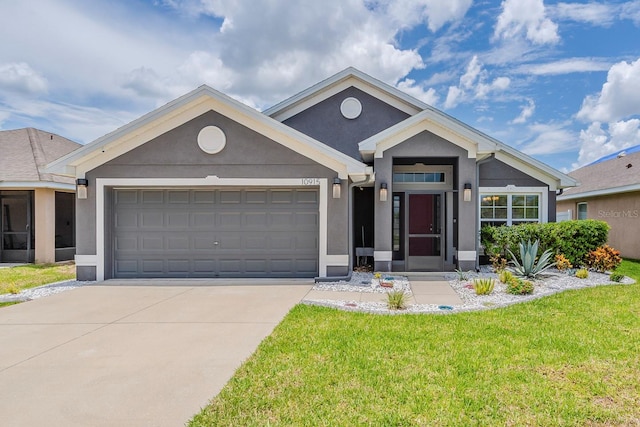 10915 Kirkwall Port Dr, Wimauma, FL 33598 - single story home with concrete driveway, stucco siding, a garage, and a front lawn
