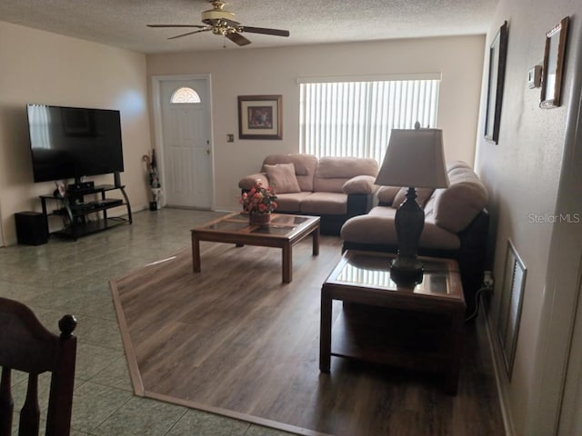432 Flamingo Dr, Apollo Beach, FL 33572 - living room featuring ceiling fan and a textured ceiling