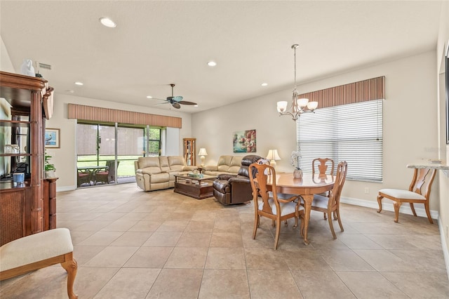 4911 Rock Island Ct, Wimauma, FL 33598 - dining area with recessed lighting, a chandelier, light tile patterned floors, and a ceiling fan
