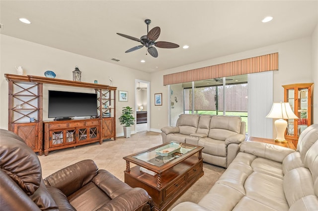 4911 Rock Island Ct, Wimauma, FL 33598 - living room with a ceiling fan, recessed lighting, and light tile patterned floors