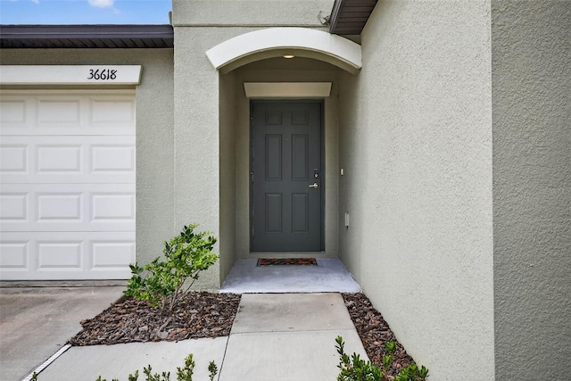 36618 Garden Wall Way, Zephyrhills, FL 33541 - entrance to property with stucco siding and a garage