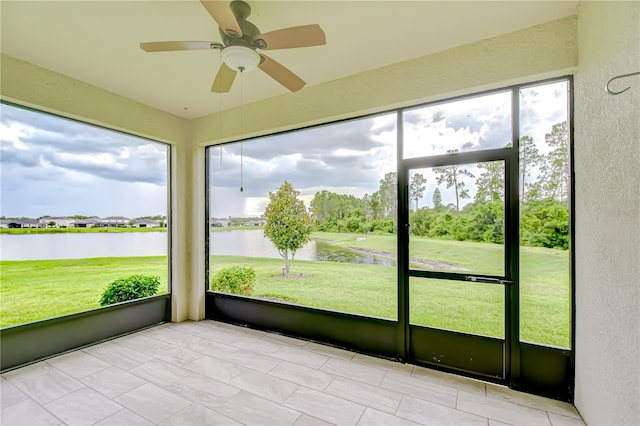 11619 Cambium Crown Dr, Riverview, FL 33569 - unfurnished sunroom featuring a water view and ceiling fan