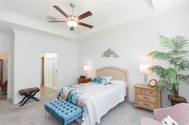 11717 74th Cir E, Palmetto, FL 34221 - bedroom with light colored carpet, crown molding, a ceiling fan, and a tray ceiling