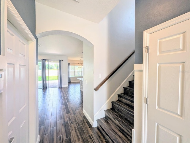 32599 Natural Bridge Rd, Wesley Chapel, FL 33543 - stairway featuring arched walkways and wood finished floors