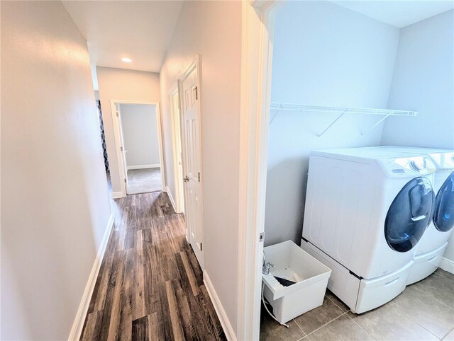 32599 Natural Bridge Rd, Wesley Chapel, FL 33543 - laundry area featuring separate washer and dryer, recessed lighting, and wood finished floors
