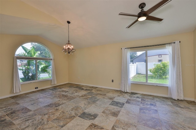 10430 Crestfield Dr, Riverview, FL 33569 - unfurnished room with vaulted ceiling, a chandelier, stone finish floors, and ceiling fan