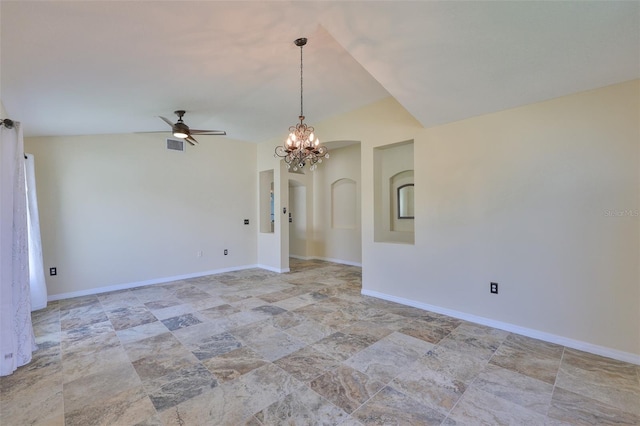10430 Crestfield Dr, Riverview, FL 33569 - empty room with a ceiling fan, stone finish flooring, and a chandelier