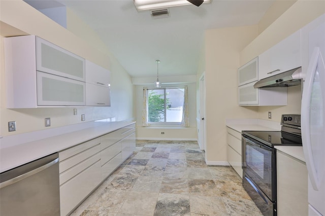10430 Crestfield Dr, Riverview, FL 33569 - kitchen featuring black / electric stove, under cabinet range hood, dishwasher, white cabinets, and light countertops