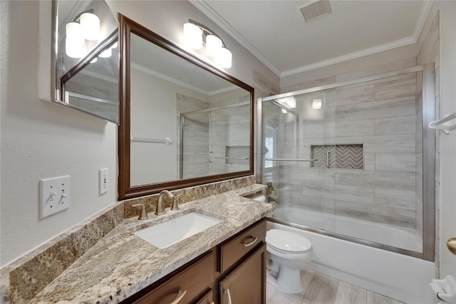 318 Lookout Dr, Apollo Beach, FL 33572 - full bath featuring vanity, enclosed tub / shower combo, and crown molding