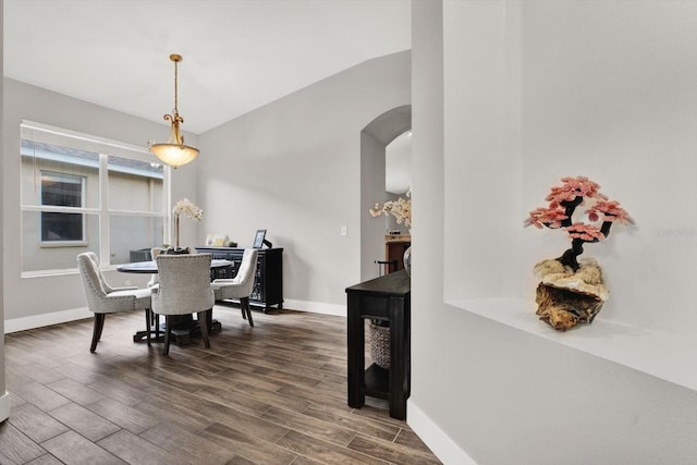 4901 Windingbrook Trl, Wesley Chapel, FL 33544 - dining space with dark wood finished floors, arched walkways, and vaulted ceiling