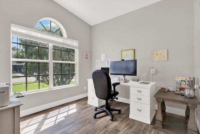 4901 Windingbrook Trl, Wesley Chapel, FL 33544 - home office featuring lofted ceiling and wood finished floors