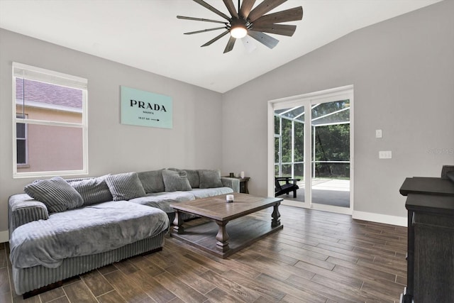 4901 Windingbrook Trl, Wesley Chapel, FL 33544 - living area with ceiling fan, lofted ceiling, and dark wood-style flooring