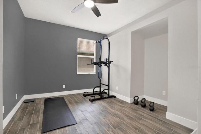 4901 Windingbrook Trl, Wesley Chapel, FL 33544 - exercise room with ceiling fan and wood finished floors
