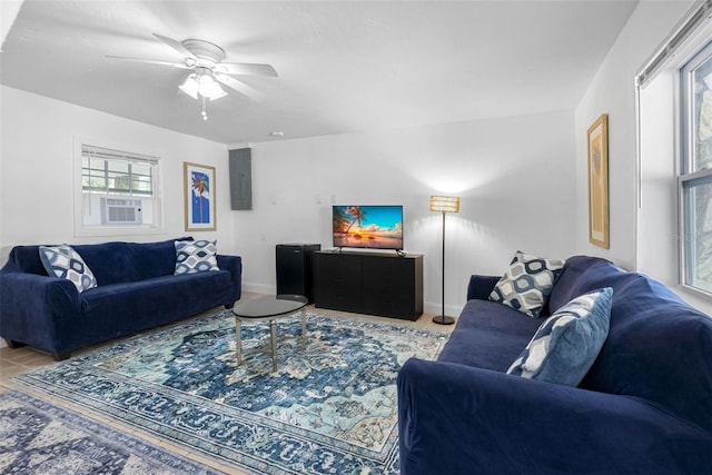 12458 1st St W, Treasure Island, FL 33706 - living room featuring electric panel, a ceiling fan, and cooling unit