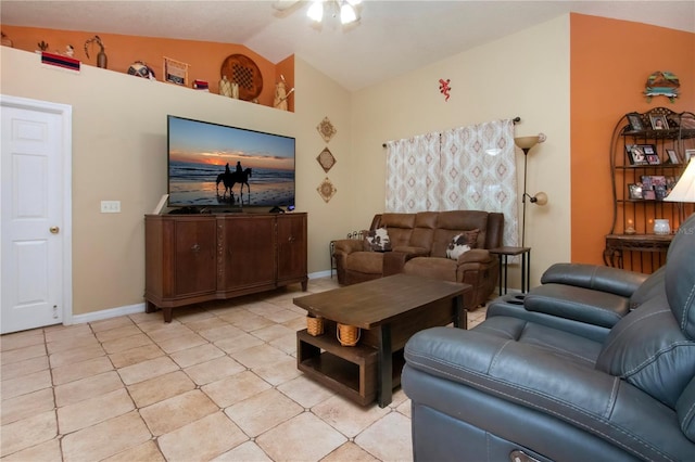 408 River Bed Ct, Wimauma, FL 33598 - living room featuring vaulted ceiling and light tile patterned flooring