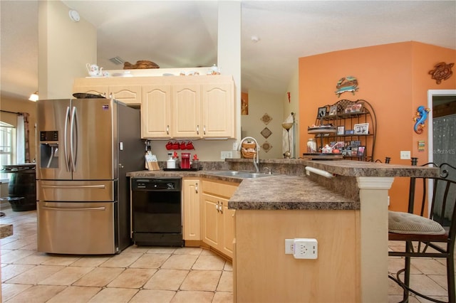 408 River Bed Ct, Wimauma, FL 33598 - kitchen with stainless steel refrigerator with ice dispenser, dishwasher, a peninsula, a kitchen bar, and light tile patterned floors