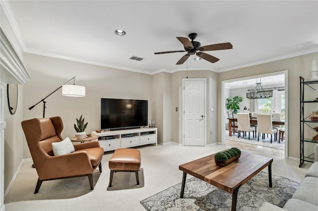 344 Cascade Ln, Palm Harbor, FL 34684 - living area with ceiling fan, light colored carpet, ornamental molding, and recessed lighting