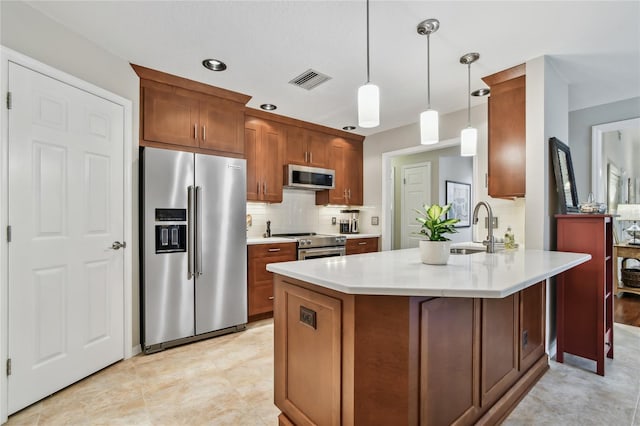 344 Cascade Ln, Palm Harbor, FL 34684 - kitchen with appliances with stainless steel finishes, backsplash, light countertops, pendant lighting, and a peninsula