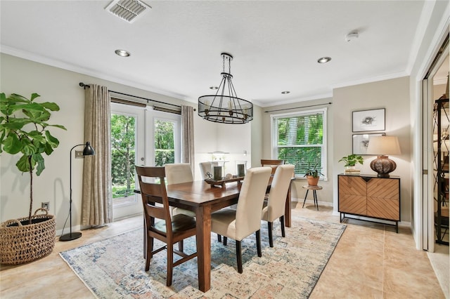 344 Cascade Ln, Palm Harbor, FL 34684 - dining room with a chandelier, crown molding, recessed lighting, and light tile patterned floors