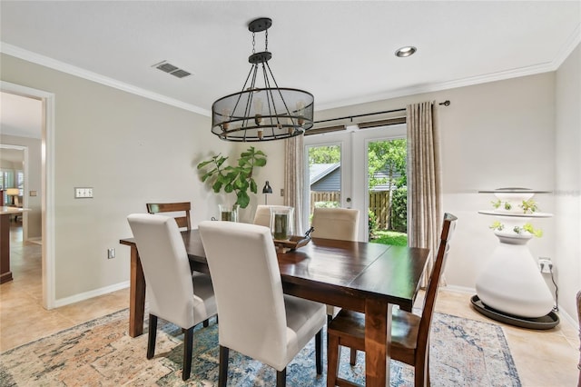 344 Cascade Ln, Palm Harbor, FL 34684 - dining room with a chandelier, crown molding, and light tile patterned flooring