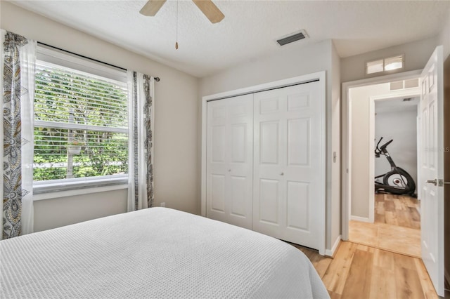 344 Cascade Ln, Palm Harbor, FL 34684 - bedroom with a closet, light wood-style floors, multiple windows, and ceiling fan