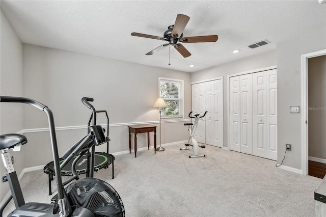 344 Cascade Ln, Palm Harbor, FL 34684 - workout area featuring ceiling fan, carpet, and recessed lighting