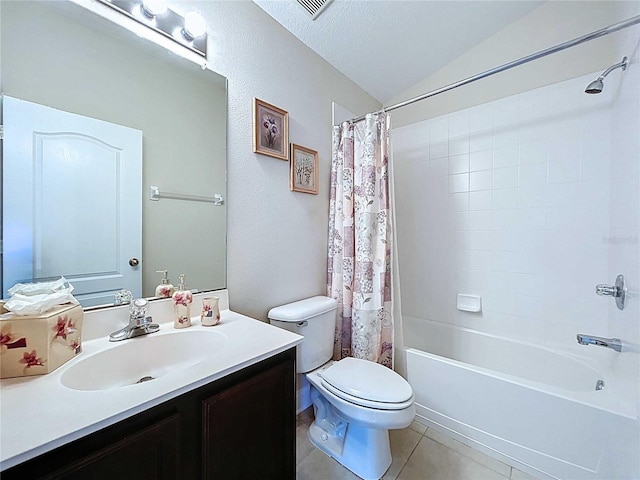 4116 Knollpoint Dr, Wesley Chapel, FL 33544 - bathroom with vanity, tile patterned flooring, lofted ceiling, and shower / bath combo with shower curtain