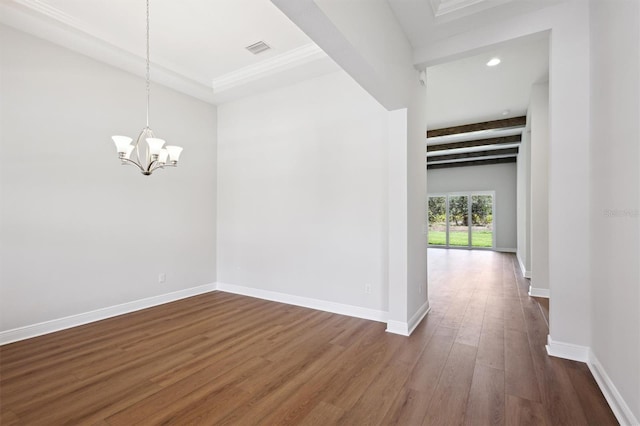 14523 Swiss Bridge Dr, Lithia, FL 33547 - unfurnished room featuring dark wood-style flooring, a chandelier, beam ceiling, and recessed lighting