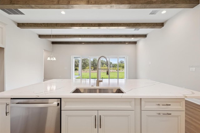 14523 Swiss Bridge Dr, Lithia, FL 33547 - kitchen featuring dishwasher, beamed ceiling, light stone countertops, white cabinetry, and recessed lighting