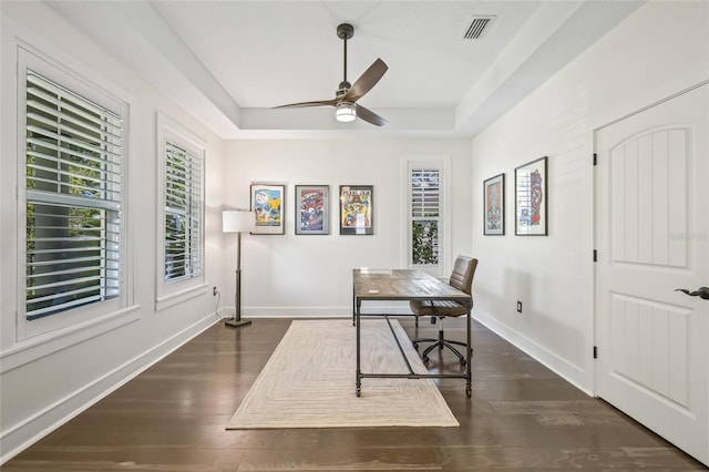 311 12th Ave N, Saint Petersburg, FL 33701 - home office with a ceiling fan, a raised ceiling, and wood finished floors