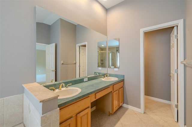 5315 Cedarshake Ln, Valrico, FL 33596 - bathroom featuring double vanity, tile patterned floors, and an enclosed shower