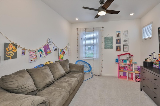 314 Blackrock Ln, Apollo Beach, FL 33572 - living area featuring ceiling fan, light colored carpet, and recessed lighting