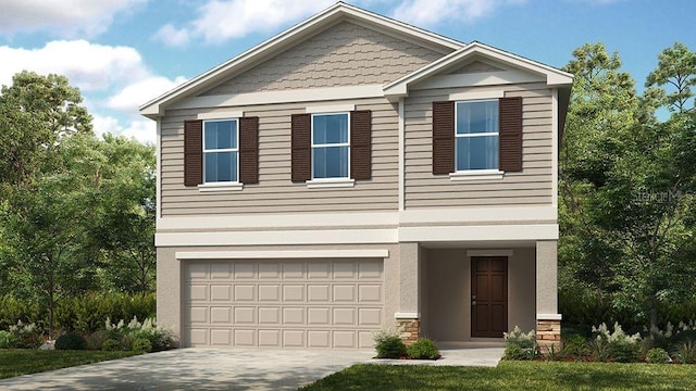 12474 Gust Ct, Hudson, FL 34669 - craftsman-style house featuring a garage, stone siding, concrete driveway, and stucco siding