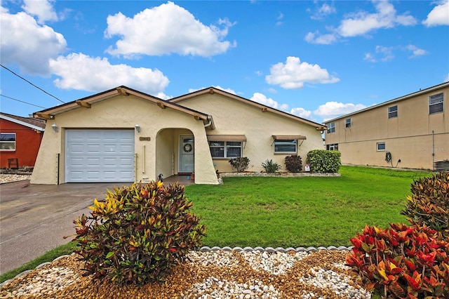 13814 Lavender Ave, Hudson, FL 34667 - view of front of home with an attached garage, driveway, stucco siding, and a front lawn
