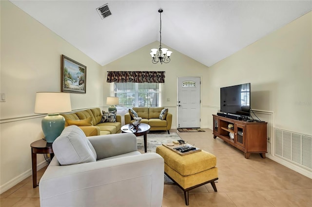 13814 Lavender Ave, Hudson, FL 34667 - living area featuring light tile patterned flooring, a chandelier, and high vaulted ceiling