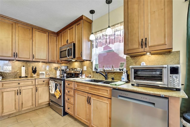 13814 Lavender Ave, Hudson, FL 34667 - kitchen featuring stainless steel appliances, light tile patterned flooring, light stone counters, and tasteful backsplash