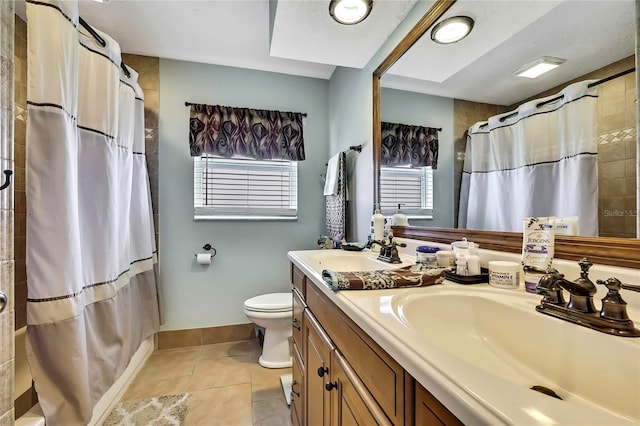 13814 Lavender Ave, Hudson, FL 34667 - bathroom with double vanity, tile patterned floors, and a shower with shower curtain