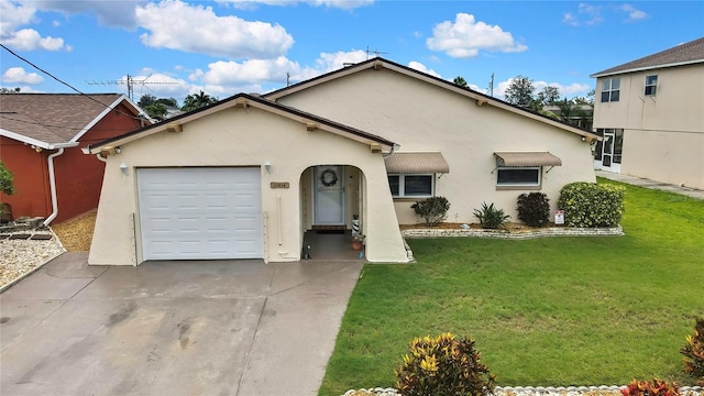 13814 Lavender Ave, Hudson, FL 34667 - view of front facade with stucco siding, a garage, a front yard, and driveway