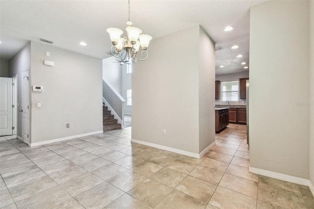 11541 Tangle Branch Ln, Gibsonton, FL 33534 - unfurnished dining area with light tile patterned flooring, recessed lighting, a chandelier, and stairs